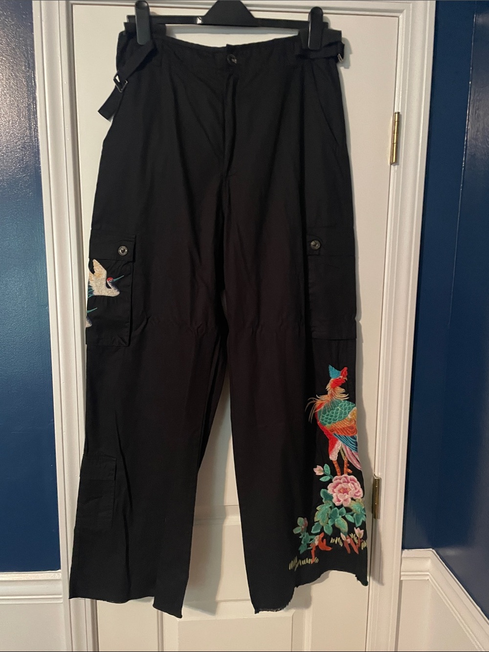 Johnny Was Black Straight-Leg Cargo Pants with Multicolor Embroidery
